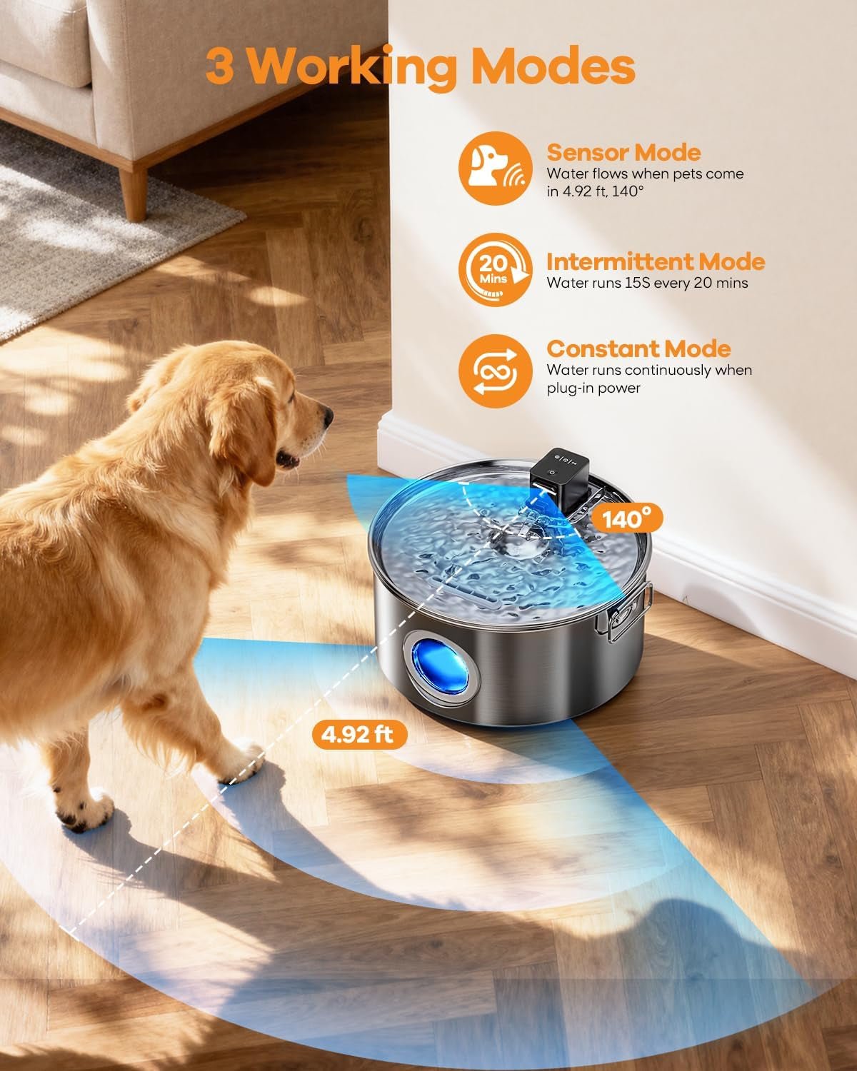 Wireless Dog Water Fountain Stainless Steel 3.4Gal Large Pet Fountain