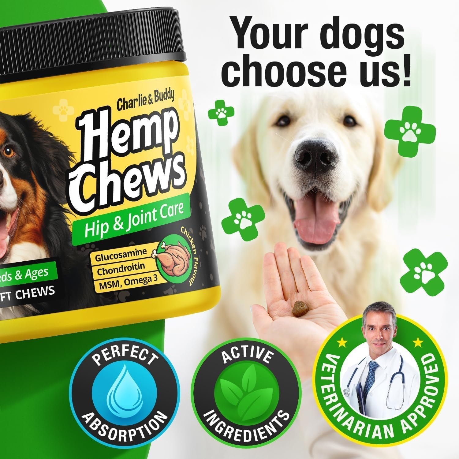 Dog Joint Supplement Glucosamine Chondroitin MSM Omega 3 Chews 120Ct