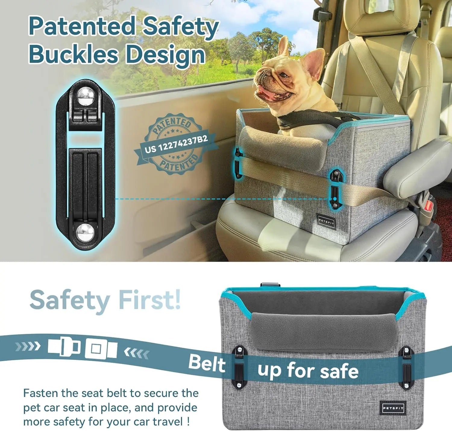 PETSFIT Small Dog Booster Car Seat — Foldable, Safety Tether